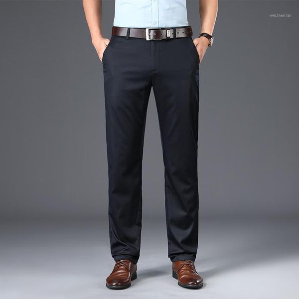 

browon 2020 new arrival casual pants men mid waist straight formal long trouser solid color flat design pant business men1, Black