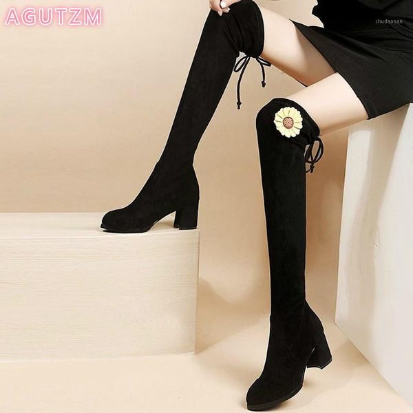 

boots 2021 women shoes stretch fashion knee high suede heels autumn winter woman black round toe naked1