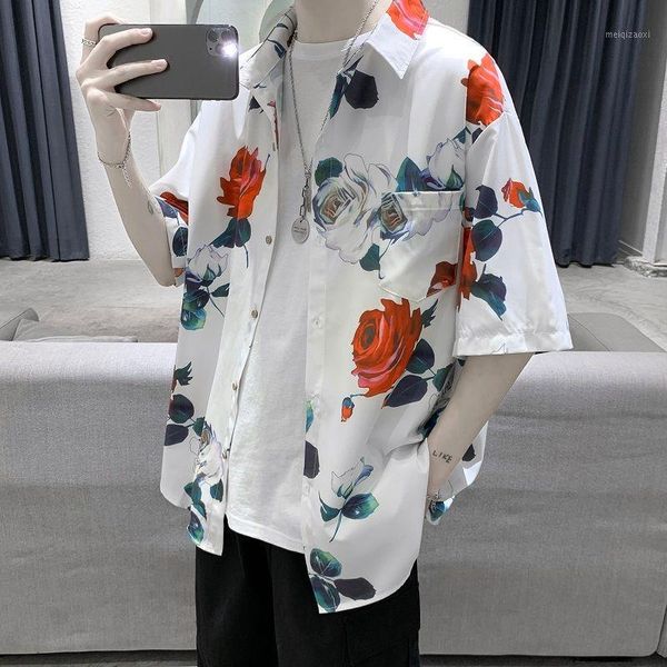 

summer flower shirt men's fashion printed casual shirt wild loose hawaiian men streetwear short sleeve shirts mens -2xl1, White;black