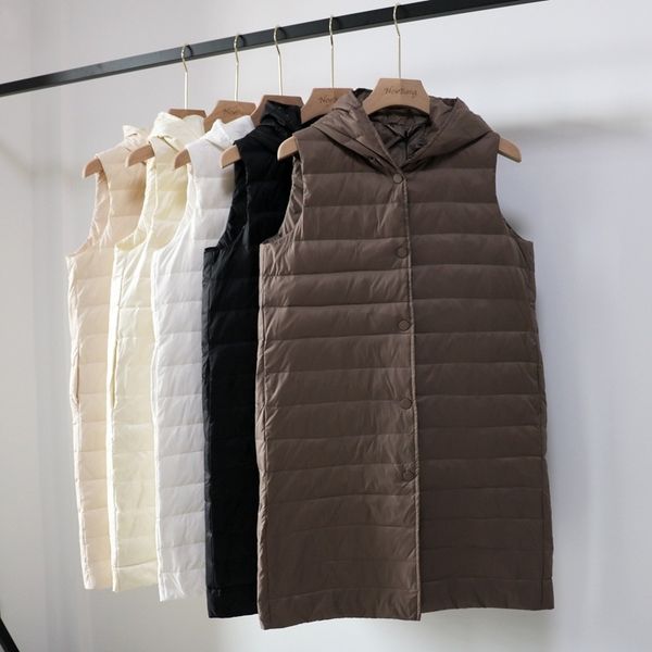

newbang brand women's long vest ultra light down vests hooded sleeveless turn-down collar jacket single breasted warm suit vest lj20120, Black;white