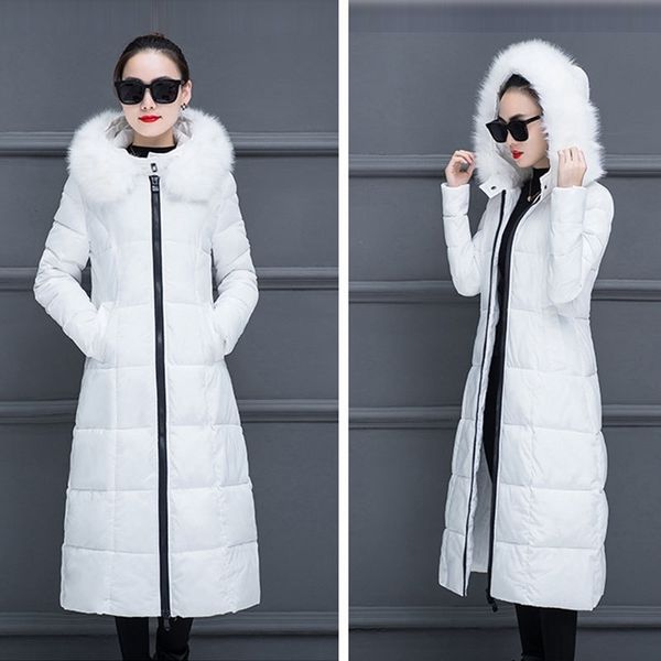 

winter hooded down coats women soild thicken warm large fur collar long zipper slim casual fashion vintage parkas wild new y200107, Black