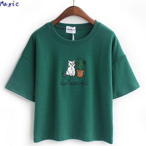 

women's t-shirt wholesale-[magic] embroidery cat cactus casual t shirt for women cotton short loose style tee 4color ja22 1, White