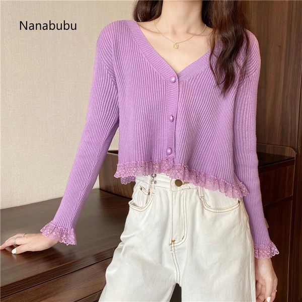 

women patched lace o-neck knitted long sleeve thin sweaters cardigans lady single-breasted buttons sweater crop female kg-384, White