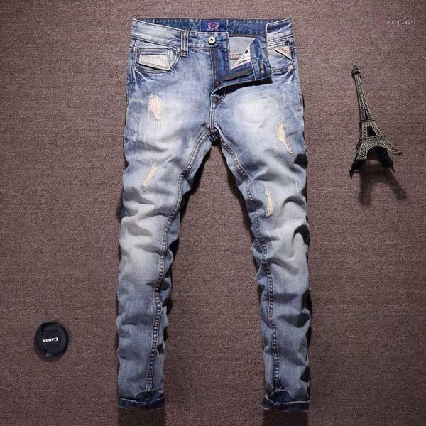 

fashion streetwear men jeans slim fit light blue ripped jeans men patchwork designer denim pants hip hop homme1