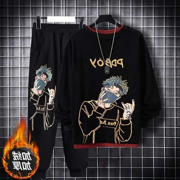 

autumn and winter plush net red character sweater t-shirt long sleeve hip hop ins trendy loose crew neck fake two piece men's wear, Black
