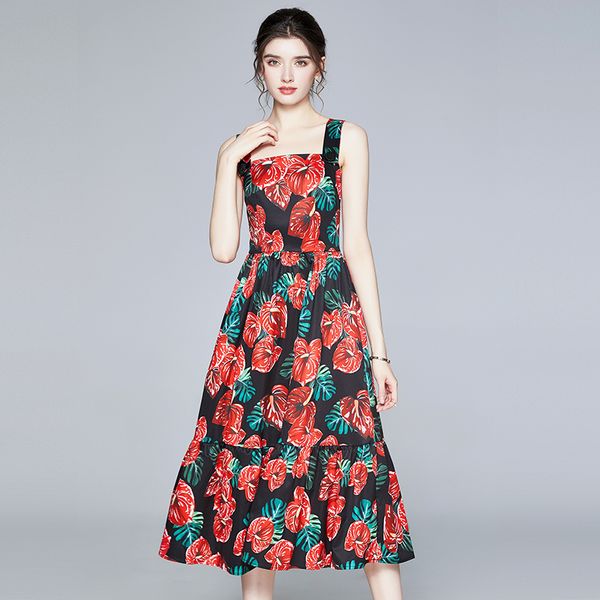 

merchall 2021 new spring summer runway red anthurium print women's spaghetti strap midi vestidos vhkc, Black;gray