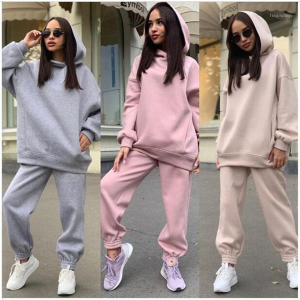 

autumn 2020 fashion women/girl solid long sleeve hooded sweatshirt + sweatpants casual sport suits pink gray apricot sweatsuits1