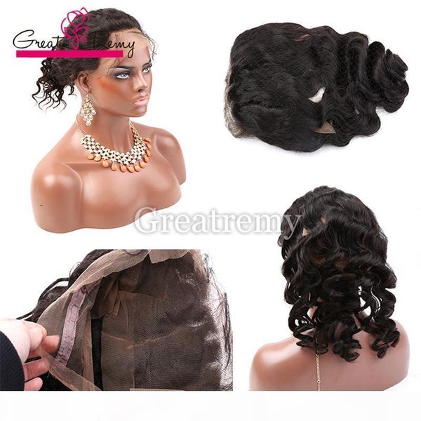 

hand tied 360 frontal 22*4*2inch swiss lace brazilian hair greatremy unprocessed human hair loose wave full lace band frontal with baby hair, Black