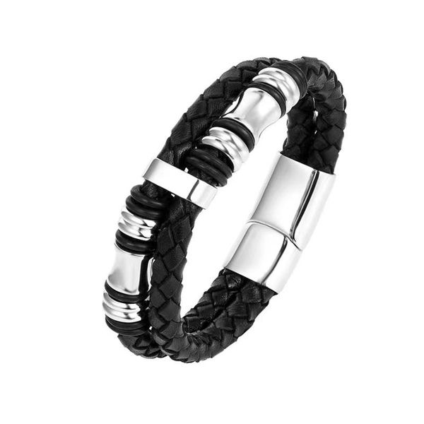 

tennis leather bracelet for men double-row black braided bangle megnetic wristband with stainless steel ornaments, Golden;silver