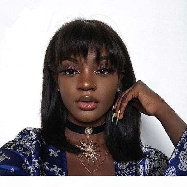 

fake scalp wigs short bob cut peruvian virgin straight pre plucked 13x6 frontal fake scalp lace front 100 human hair wigs with bangs, Black;brown