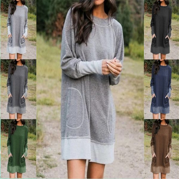 

plus size womens dresses patchwork o neck long sleeve loose dress for woman casual female robe with pockets, Black;gray