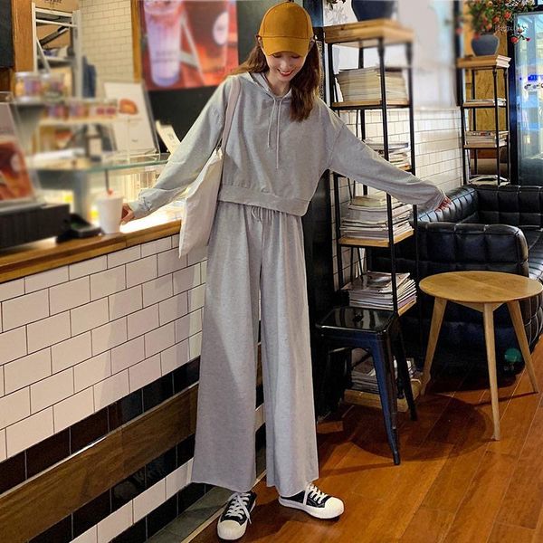 

hoodie drawstring long sleeve pullover women 2 piece sets lace up width leg pants female suits autumn casual tracksuit lady suit1, Gray