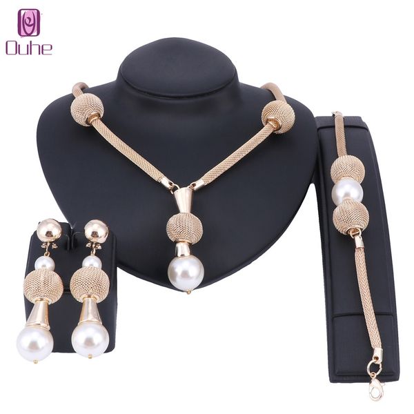 

dubai imitation pearl jewelry set simulated pearl gold color women earrings necklace bracelet sets for women wedding party gift 201222, Slivery;crystal
