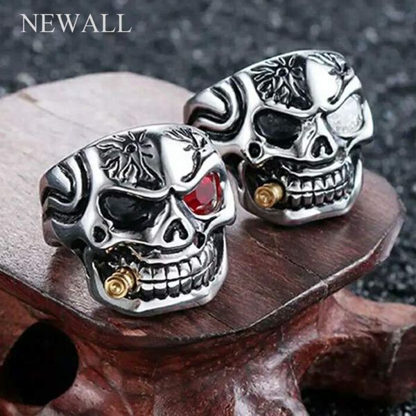 

sale steel skull red white crystal eyes men punk ring jewelry quality fashion finger ring jewelry, Slivery;golden