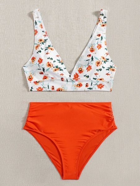 

floral print high waisted bikini swimsuit 65lr#, White;black