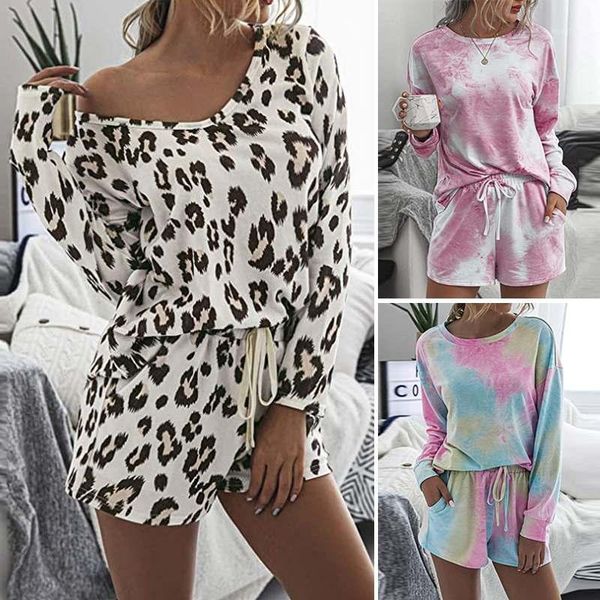 

2020 women sets autumn casual basic two piece suits long sleeve shirts elastic waist shorts female printed lace up homewear1, Gray