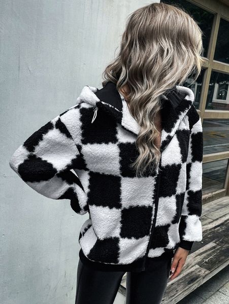

checker print drop shoulder drawstring hooded fleece jacket n9km#, Black;brown