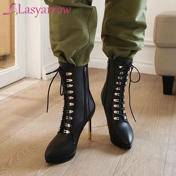 

boots lasyarrow women ankle shoes rivet platform super high heel lady pointed toe thin heels zip lace up autumn, Black