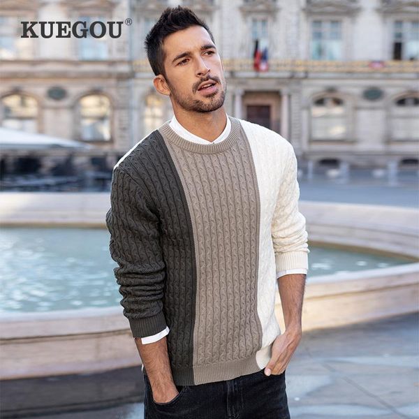 

kuegou 2020 autumn 100% cotton patchwork blue sweater men pullover casual jumper for male brand knitted plus size clothes 2204, White;black