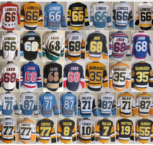 Vintage Retro Hockey 68 Jaromir Jagr Trikot 66 Lemieux 35 Tom Barrasso Paul Coffey Bryan Trottier Joe Mullen Mark Recchi Larry Murphy 87 Sidney Crosby 71 Evgeni Malkin