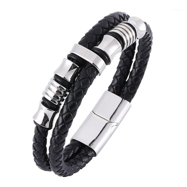 

charm bracelets fashion male jewelry bijoux punk leather braided bracelet men silver color stainless steel magnetic clasp man bracelete sp00, Golden;silver