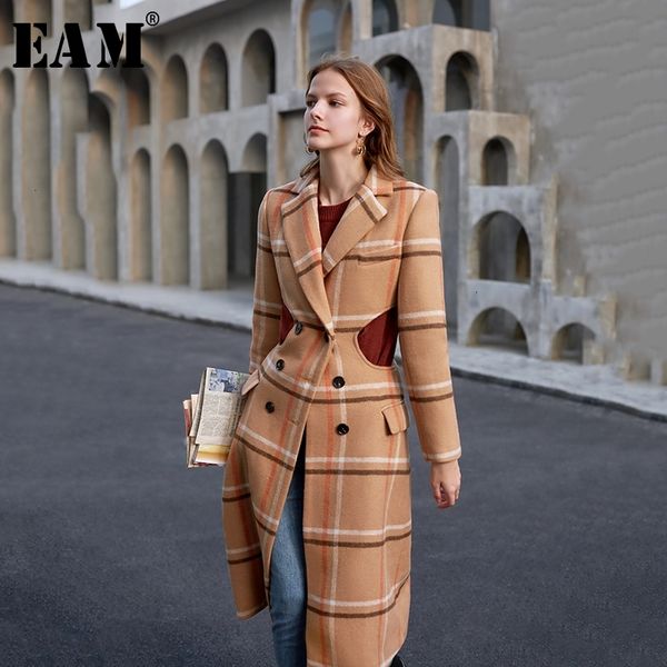 

[eam] loose fit plaid hollow out temperament woolen coat parkas new long sleeve women fashion tide spring autumn 1k908 201112, Black