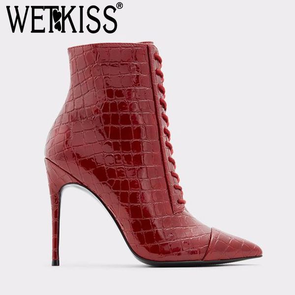 

wetkiss sexy stiletto boatsles boots женские заостренные носинные пинетки кружевные боковые молния тонкие высокие каблуки мода вечеринка жен, Black