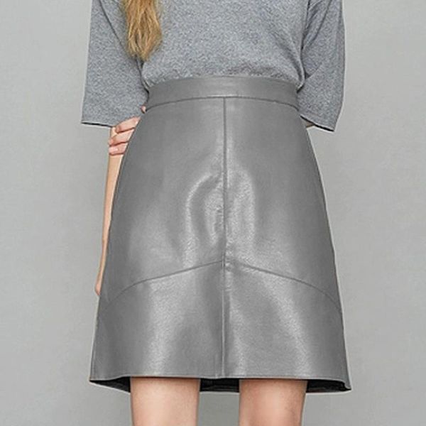 

skirts autumn winter sheepskin high waist genuine leather small real skirt female korean a-line package hip women, Black