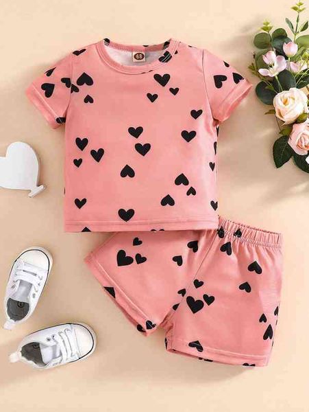 

baby heart print tee & shorts she, White