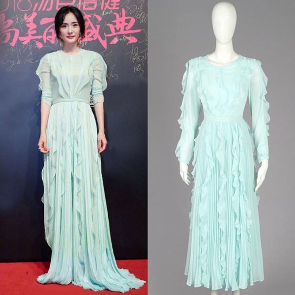 

casual dresses spring runway women chiffon ruffles tunic pleated maxi dress robe femme long sleeve holiday evening party vestidos, Black;gray