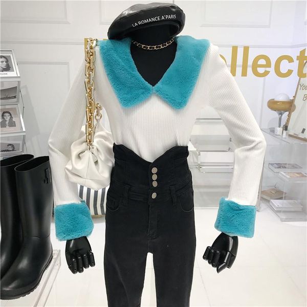 

women's autumn and winter 2020 new fashion warm color matching mao mao collar joker slim slim long sleeve t-shirt, White