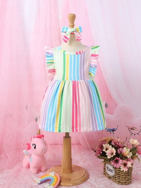 

baby striped print dress with headband she, Red;yellow