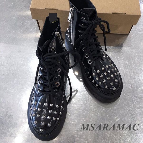 

punk rivet platform martin boots leather round toe lace-up ankle boots winter personality street ladies short, Black