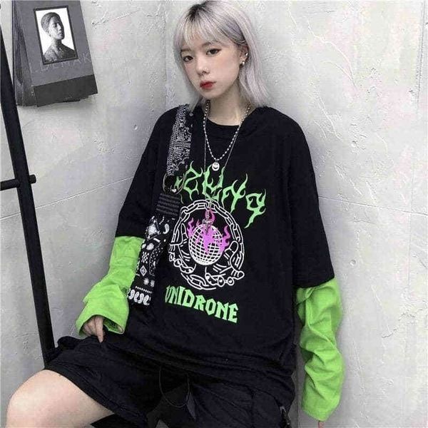 Cartas Verdes Fluorescentes de Harajuku Imprimir Falso 2 Piece Patchwork Camiseta Outono Rua Longa Manga T-shirt das Mulheres Homens 201028