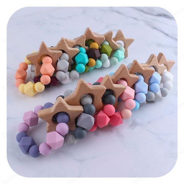 

13 colors baby teether rings food grade beech wood five-pointed star teething ring teethers toys round wooden silicone beads