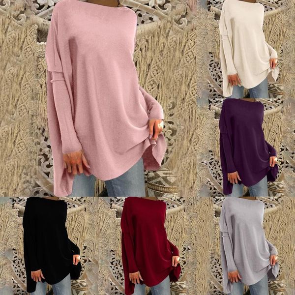 

casual loose t-shirt women winter solid color pullovers ladies o-neck full bating sleeve pocket femme long tee shirt, White