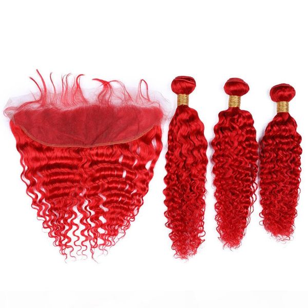 

bright red deep wave peruvian human hair 3pcs bundles with frontal deep wavy red colored 13x4 lace frontal closure with weaves 4pcs lot, Black;brown