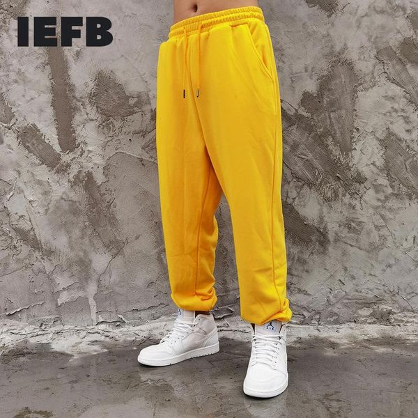 

men's pants iefb basic solid color elastic wait turnup hip hop fashion loose causal sweatpants 2021 autumn trousers 4869, Black