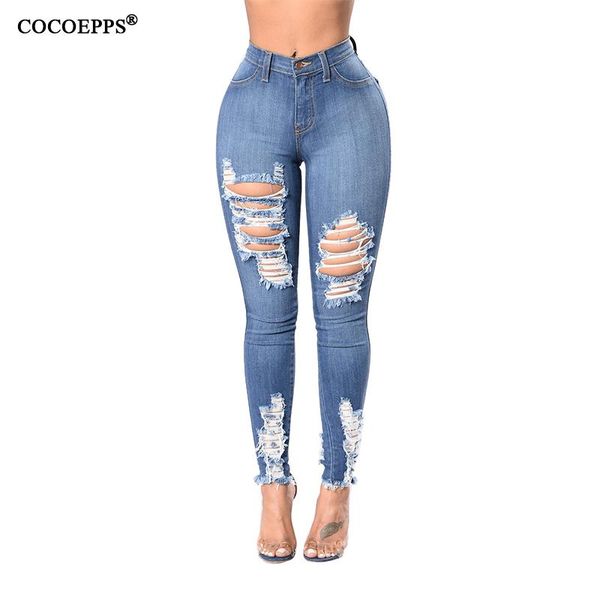 

women's jeans vintage ripped distressed slim denim skinny hole pants stretch shredded ladies high waist pencil trousers 3xl, Blue
