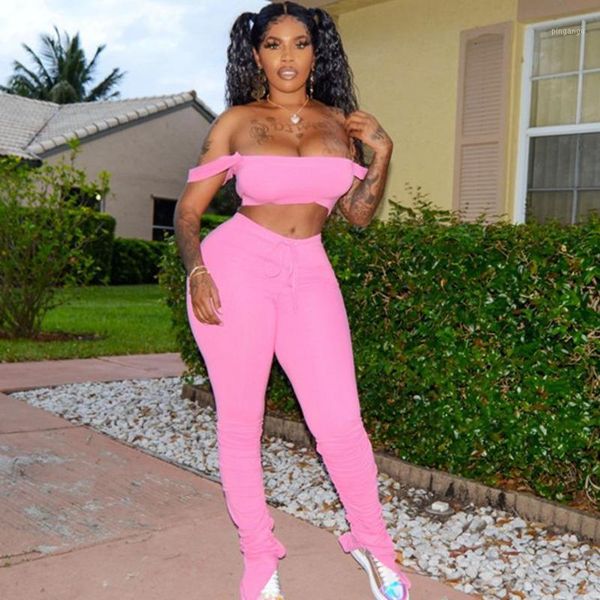 

pink 2 piece set women spaghetti strap off shoulder tube and skinny pants set matching split stacked leggings pant suits1, White