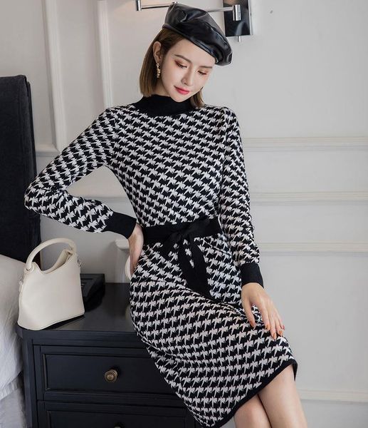 

goose foot patern long knit women midi sweater dress elegant bowtie knot a line dress thick warm turtleneck pullover top, Black;gray