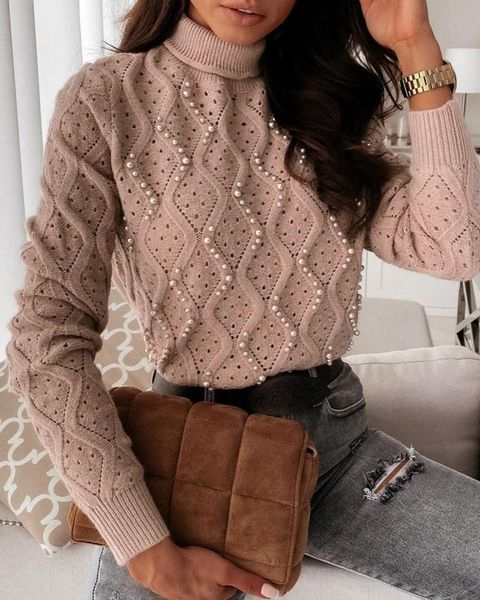 

winter sweater women 2021 spring new beading elegant knitted sweater warm female pullovers fashion solid hollow out, White;black