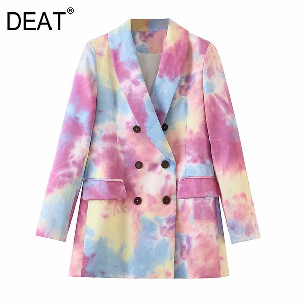 

[deat] women tie-dye hit color split leisure blazer new lapel long sleeve loose jacket fashion tide spring autumn 2020 lj201021, White;black