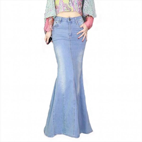 

big fish tail denim skirt women mermaid stretchy light blue long skirt floor length trumpet empire high waist slit jeans j97397, Black