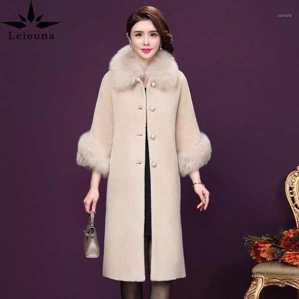 

leiouna long wool faux fur cashmere women's winter medium plus size parka cashmere integrated fur coat fourrure femme coat1, Black
