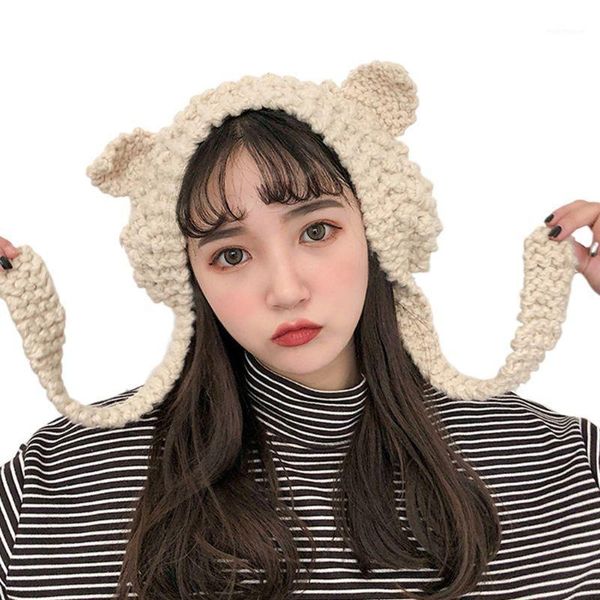 

beanie/skull caps children chunky crochet braided knit winter hat cute cat ears solid color earflap warm beanie cap pography props d08, Blue;gray