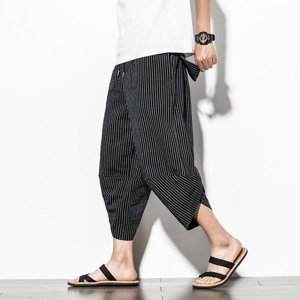 

men traditional style 2021 summer big size casual calf-length pants korean style striped loose hip hop streetwear male trouser, Black