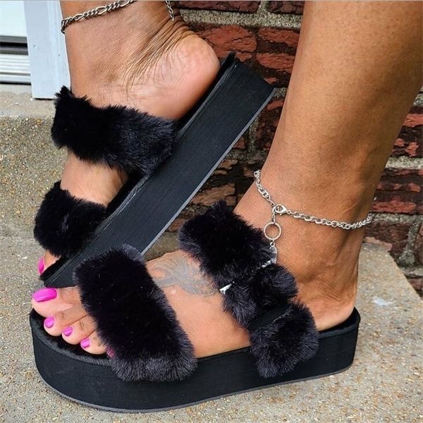 

color plus size women's beach slippers 2020 autumn/winter new platform sandals women's thick-soled open-toed fox fur slippers x102, Black