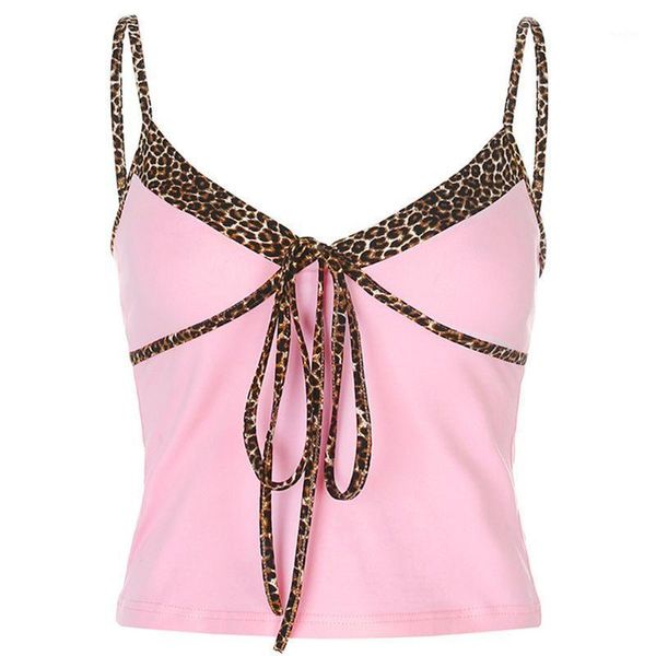 

women spaghetti strap v-neck crop leopard patchwork lace-up camis vest1, White