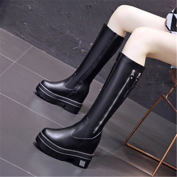 

new warm 2021 winter knee high fashion square heel female boot zip leather growing black boots 81oa